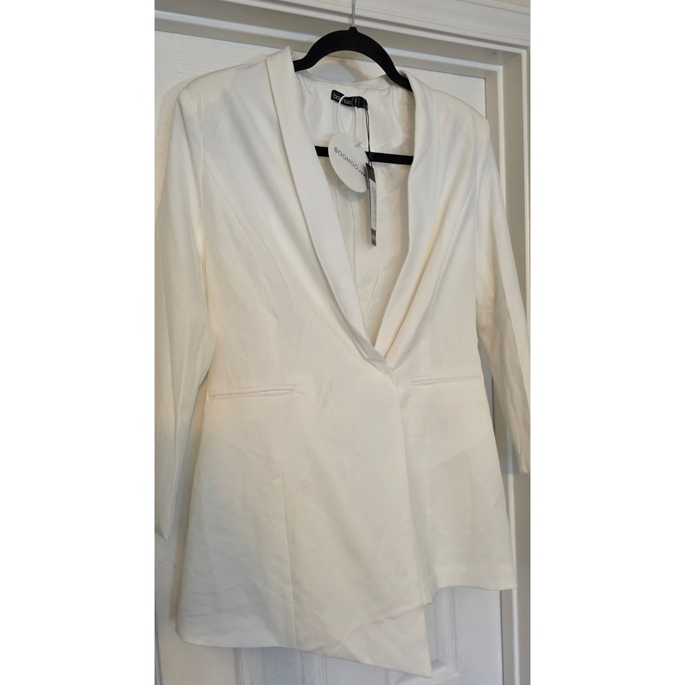 Boohoo Petite White Asymmetric Blazer Dress Long Sleeve Shawl Lapel Size 4 NEW